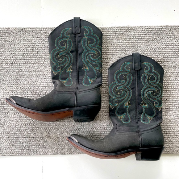 Vintage Smokey Mountain Teal Brown Embroidered Black Leather Cowboy Boots - Picture 12 of 15